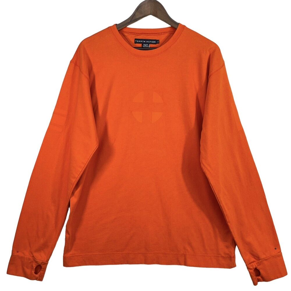 Tommy Hilfiger Long Sleeve Orange‎ Shirt Men Size L 100% Cotton Thumbhole Y2K